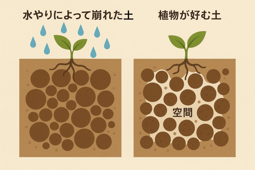 植物が好む空間がある土と、水やりによって土の粒子が崩れた土の画像
