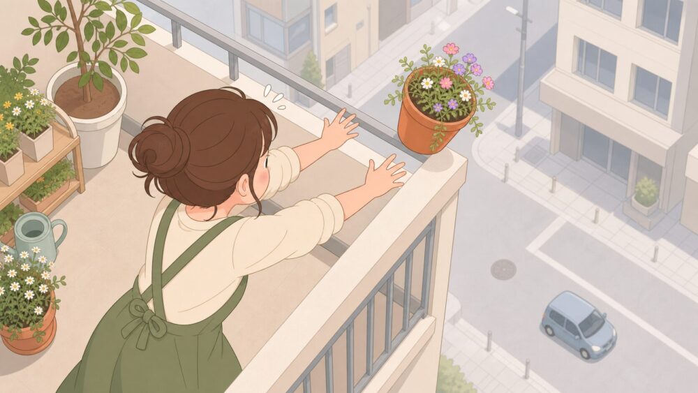 ベランダから鉢が落ちそうなイラスト