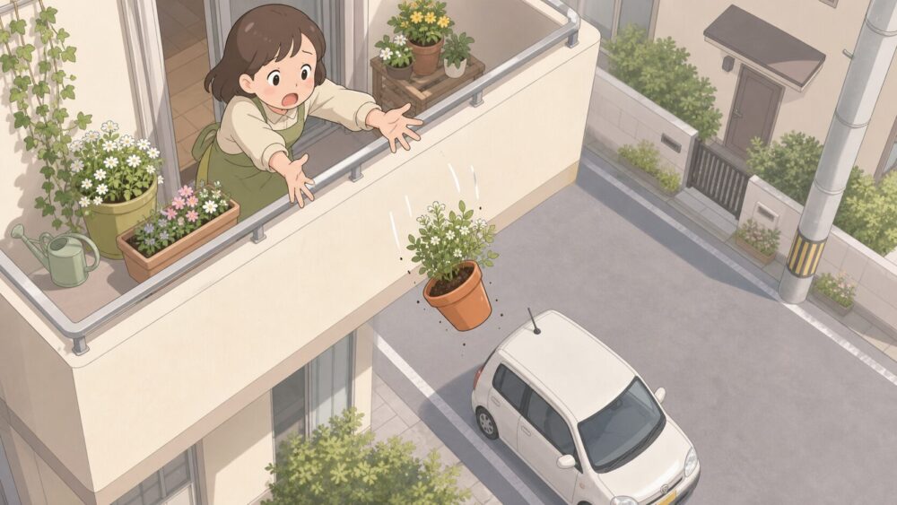 ベランダから落とした鉢が車に落ちそうな画像