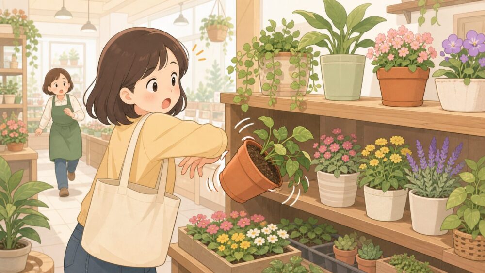 園芸ショップの棚の鉢を肘で引っ掛けて落ちそうな画像
