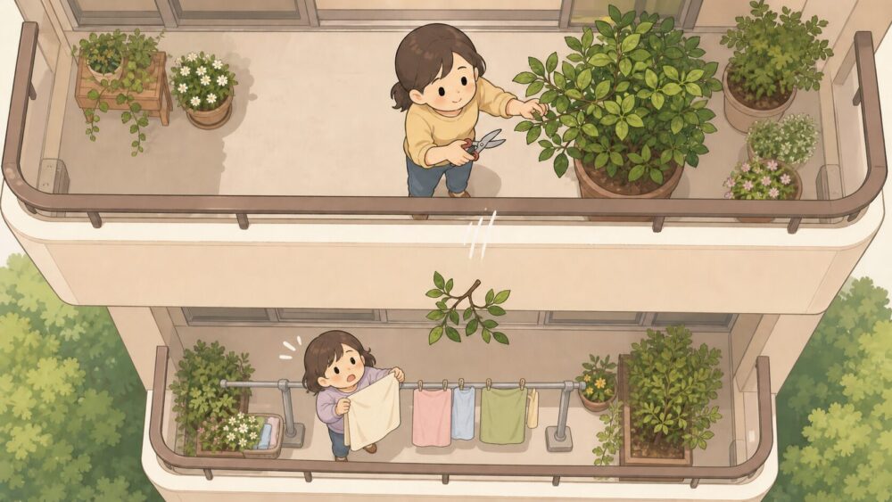 ベランダで剪定した枝が下の階の住人に向かって落下している画像